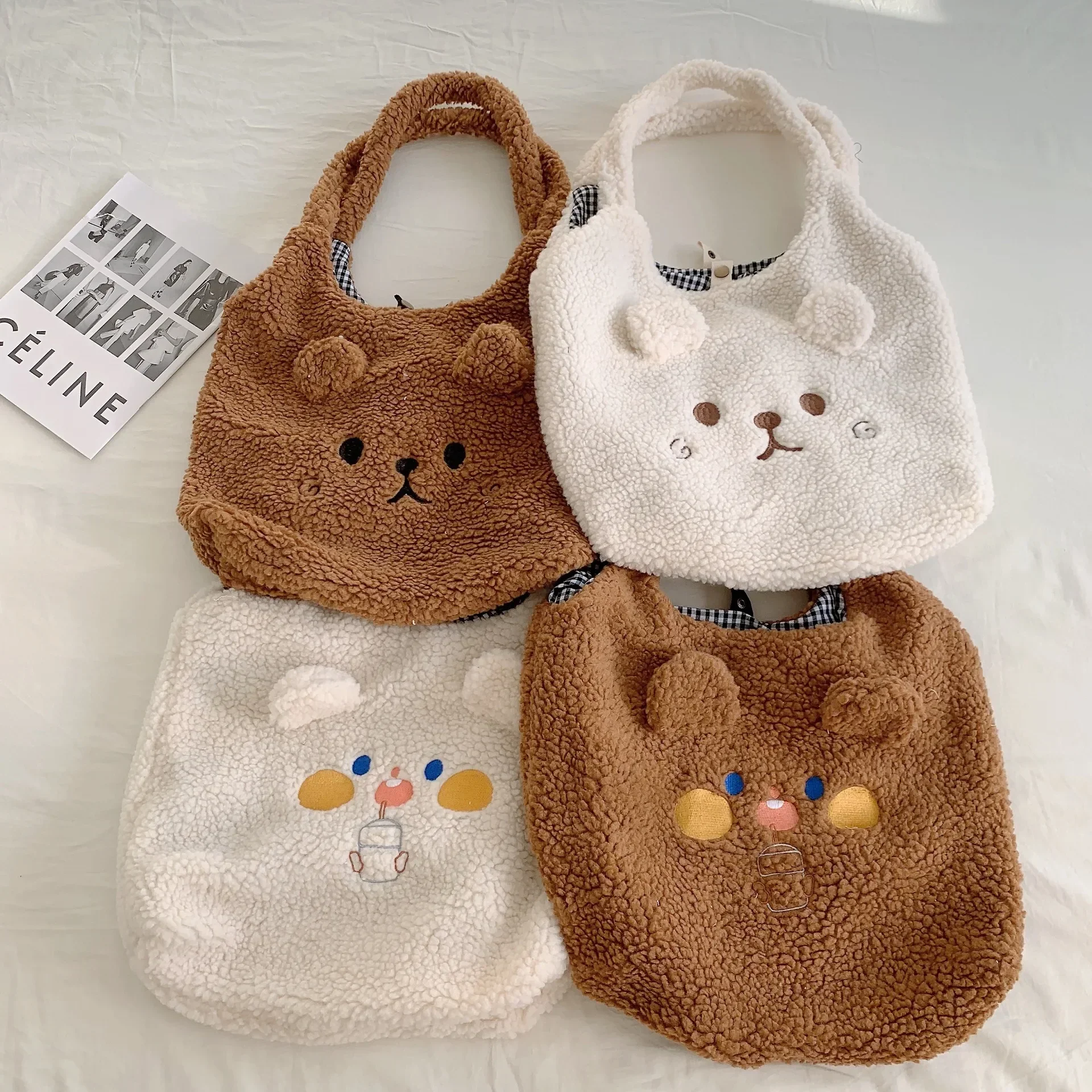 Cute Plush Tote Bag Bear Ears Girl Tank Top Bag Lamb Hair Large Capacity Handbag Embroidery Handbag Fashion Shoulder Bag