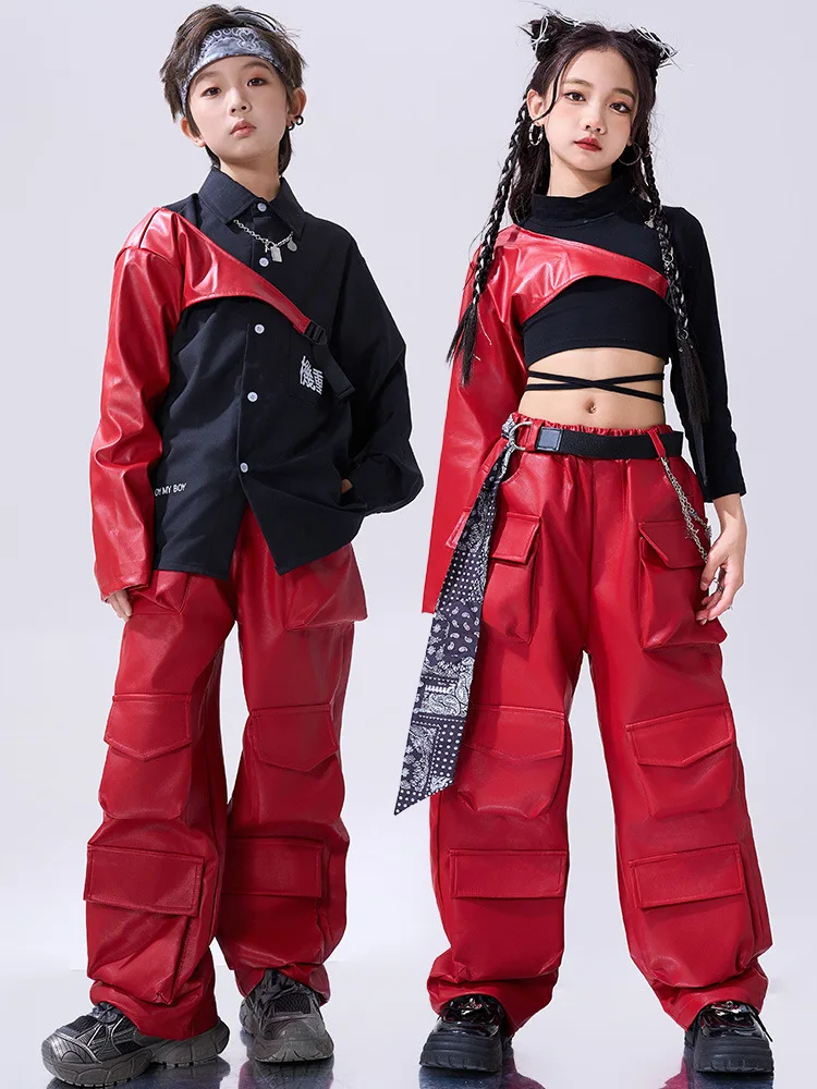 

Girls Red Hip Hop Costume Crop Top Red Arm Covers Leather Pants for Boys Kids Jazz Clothes Street Dance Stage Set