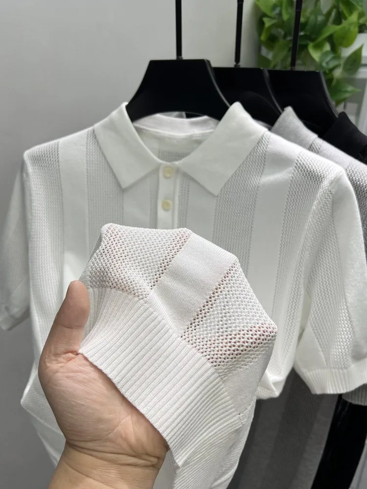Male Summer Turn Down Collar Hollowed Out Knitted T-Shirt Short Sleeveless Business Casual Pullover Tees Top Slim Fit T-Shirts