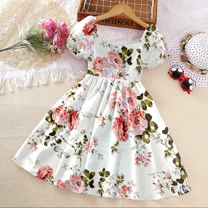 Modisches Freizeit-Kurzarmkleid für Mädchen und Jungen mit Blumenmuster und eckigem Ausschnitt, Alter 6-12, Alltagsoutfit – Detail 4