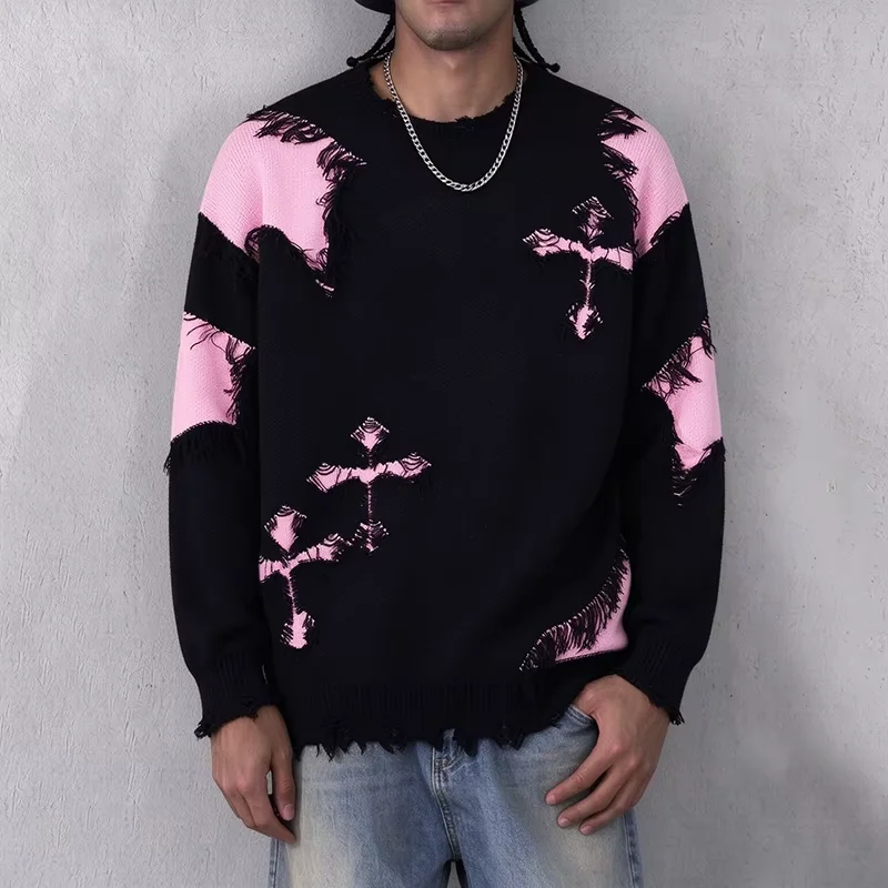 Men's Vintage Distressed Ripped Tassel Knitwear Sweater Autumn Winter Color Block Irregular Tear Design Knitted Sweater Pullover