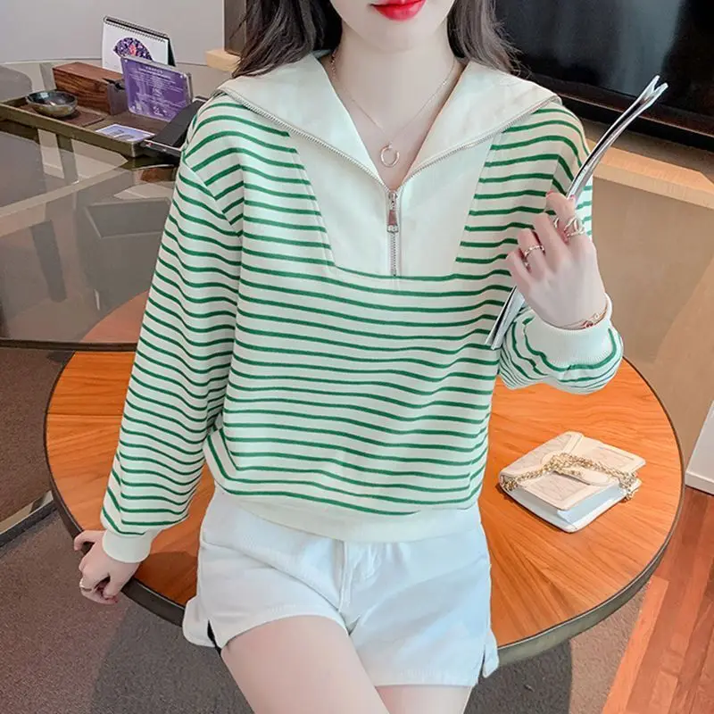 Striped Sweatshirts Women Sailor Collar New Chic Autumn Korean Trendy Loose Long Sleeve Contrasting Colors Pullover Cropped Tops