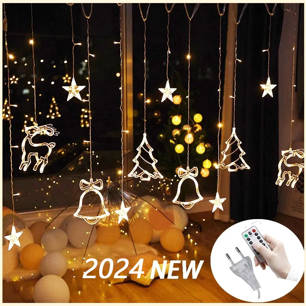 3.5M LED Star Deer Tree Bell 220V 110V  Christmas Garland Fairy Curtain String Lights For Home New Year 2024 Party Decoration