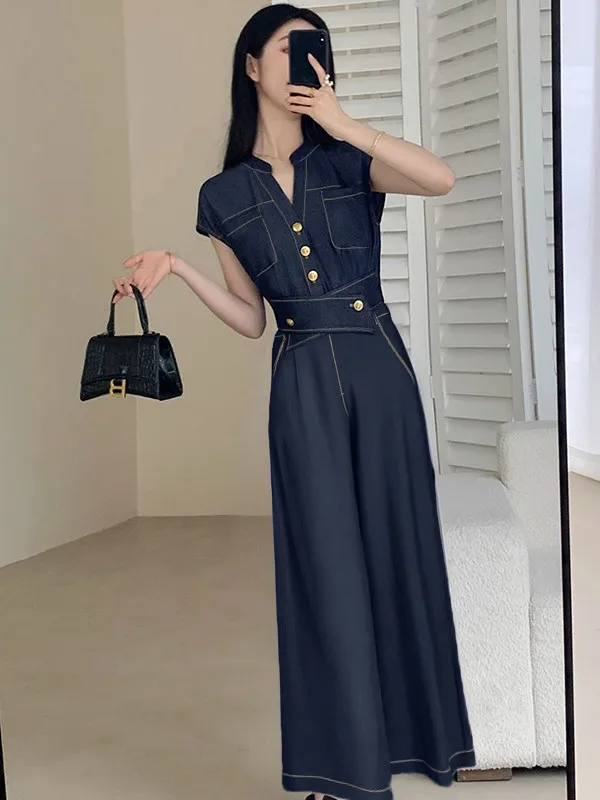 

Women's Fashion High Waist Wide Leg Pants Set Short Sleeve Top Slimming Waist Design Summer 2026 Two-Piece Suit D2129