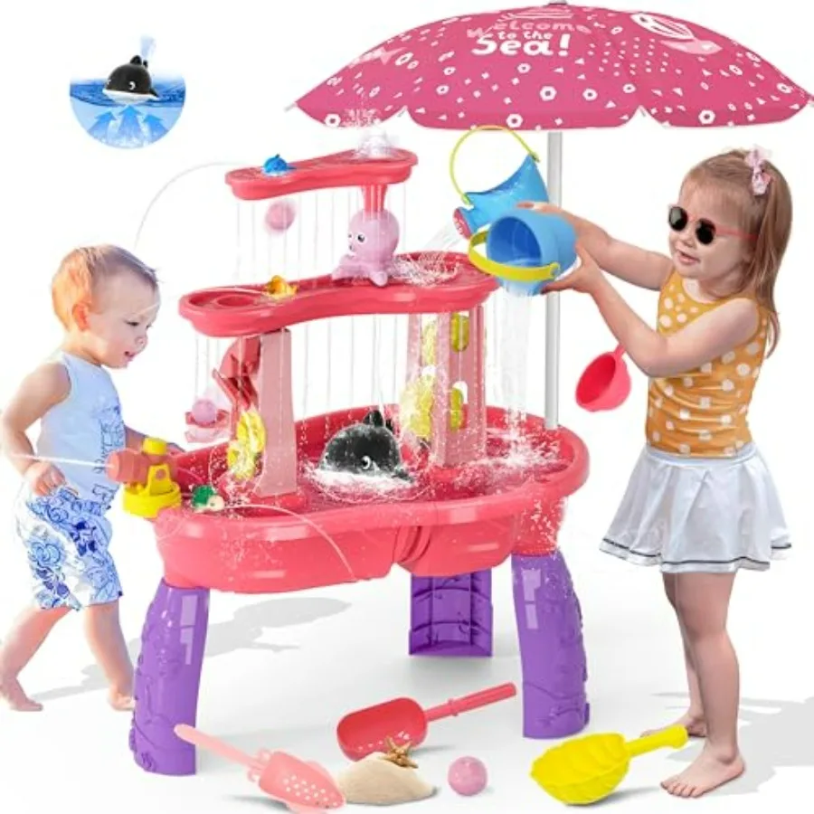 Water Table for Toddlers 3-5, 3-Tier Auto Water-Absorbing Sand Water Table with Water Pump Umbrella Splash Pond Toy, Sensory Pl