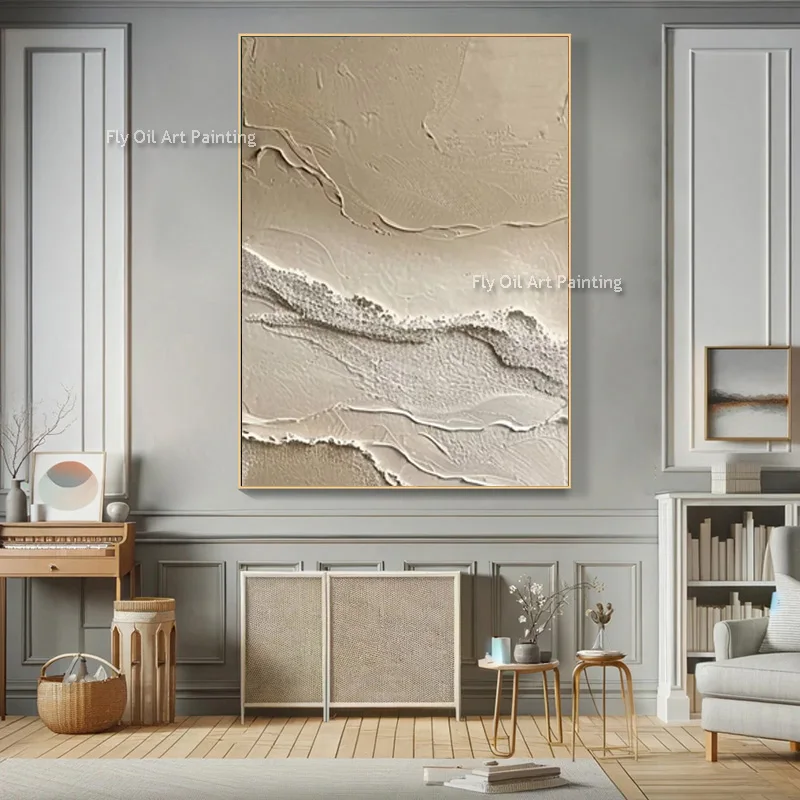 Brown And White Abstract Seaside View Knife Thick Canvas Artwork New Original Set Of Two Handpainted Seawave Oil Painting Decor
