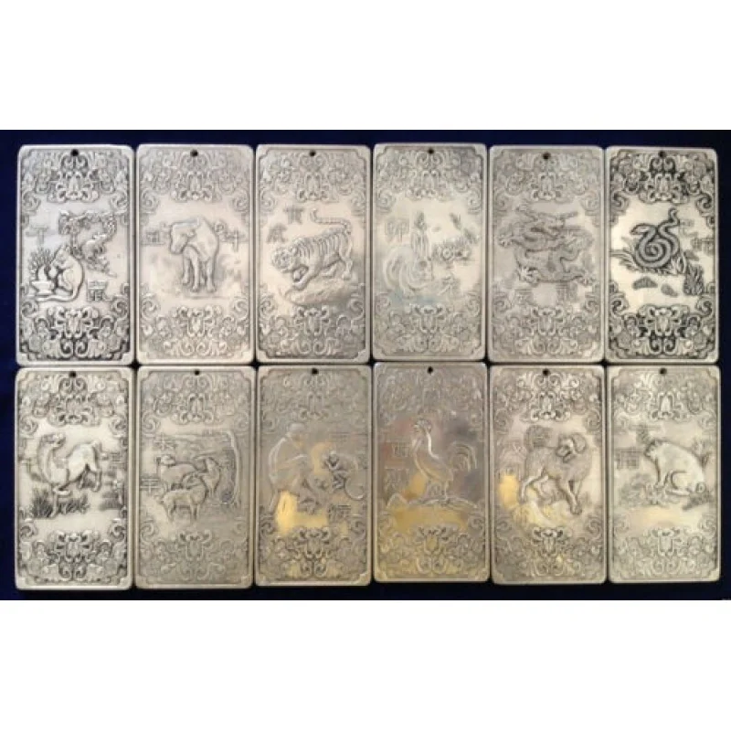 

Chinese ";Chinese Twelve Zodiac"; tibet Silver Bullion thanka amulet full Zodiac