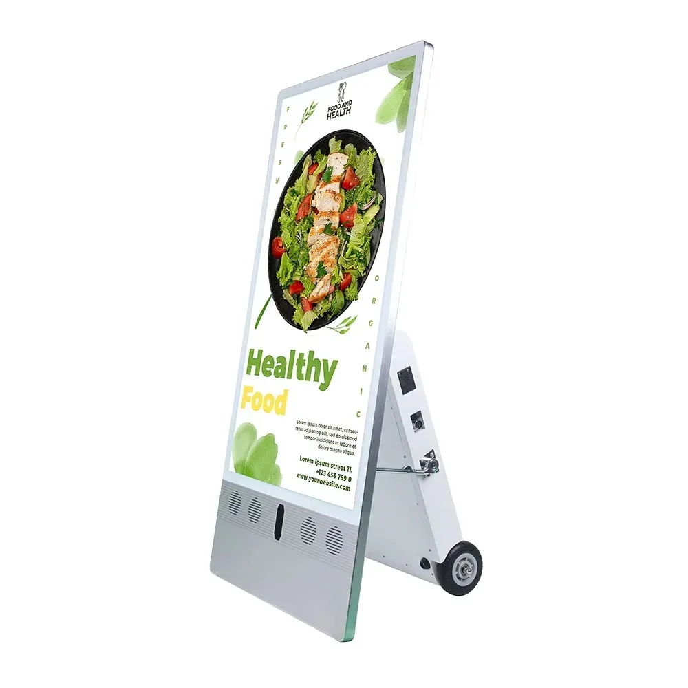 

Outdoor Movable LCD Digital Poster with wheels advertising display charging portable digital signage battery powered