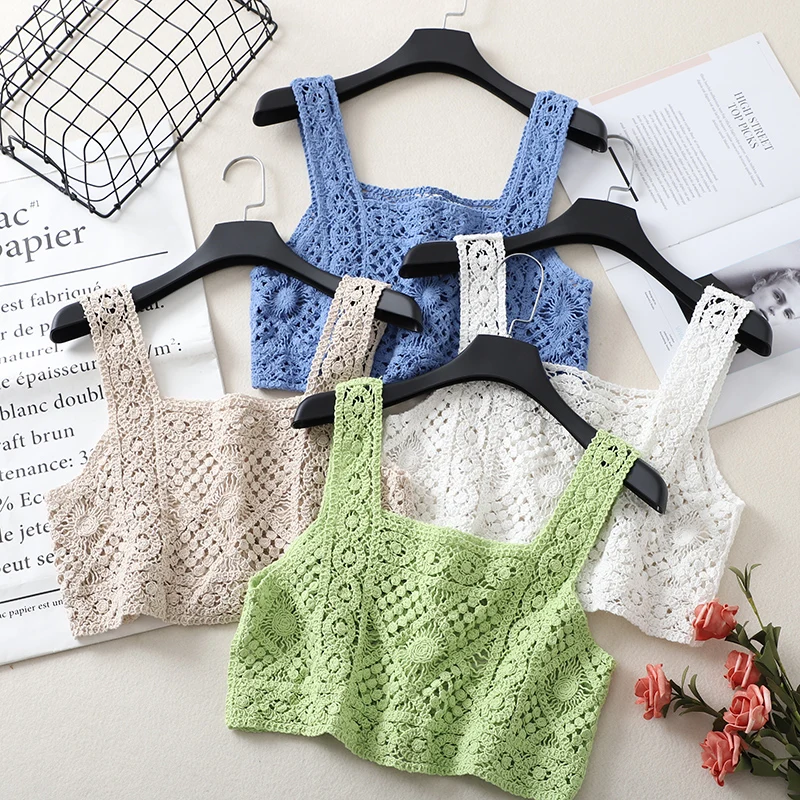 Square Collar Cotton Crochet Tank Top Sexy Knitted Hollow Out Mesh Vest Crop Top Women Femme Vintage Backless Short Tops Female