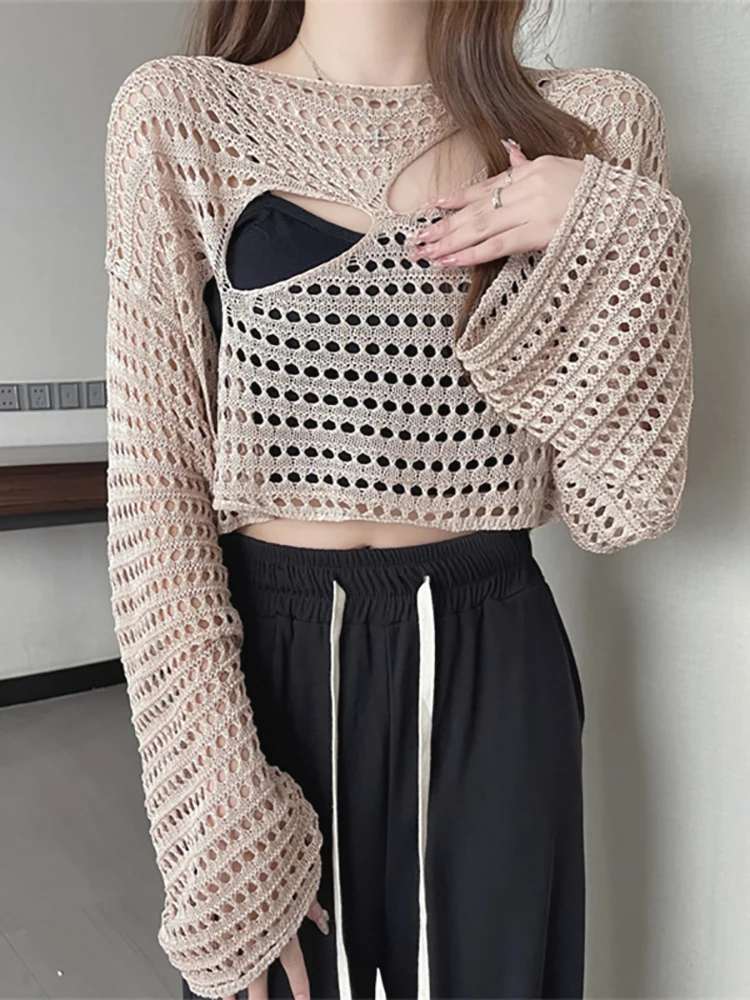 Hollow Knitted Ice Silk Mesh Top Women's Autumn Wear Transparent Short Style Fishing Net Outerwear Sun Protection Cover up