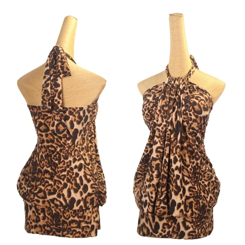 Novos trajes femininos vestido de dança latina pendurado pescoço leopardo impressão vestido prática feminino chacha rumba roupas de dança dql10682