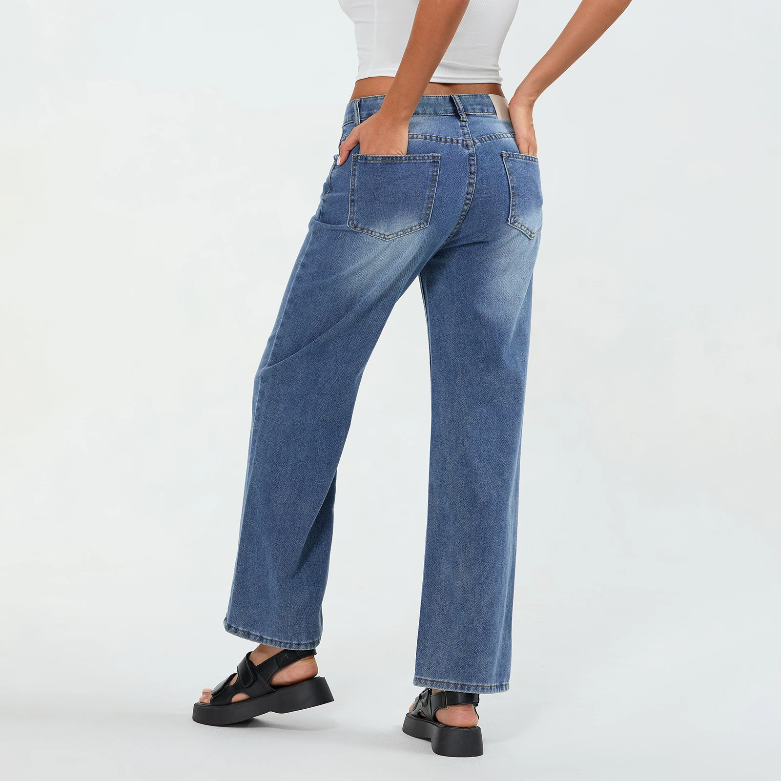 Wstring FJJ-Pantalon en denim à jambes larges pour femme, couleur unie, avec poches, streetwear, printemps été