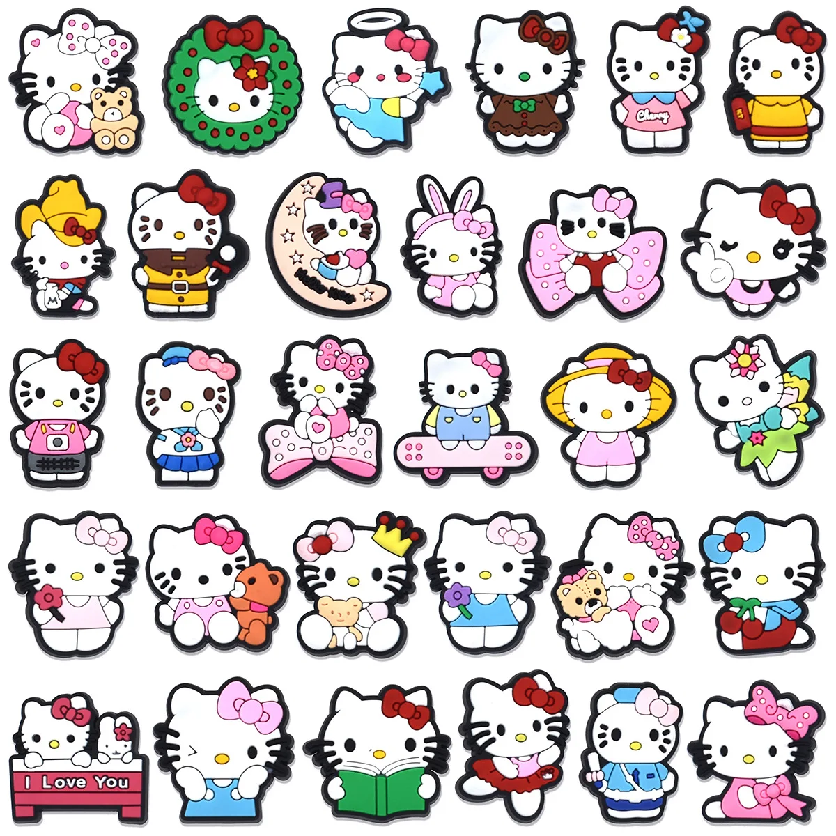 Random 16/32Pcs Set Cute Hello Kitty series Rubber Shoe Charms For Slides Sandals Custom DIY Accessories Cat Soft PVC Shoe decor
