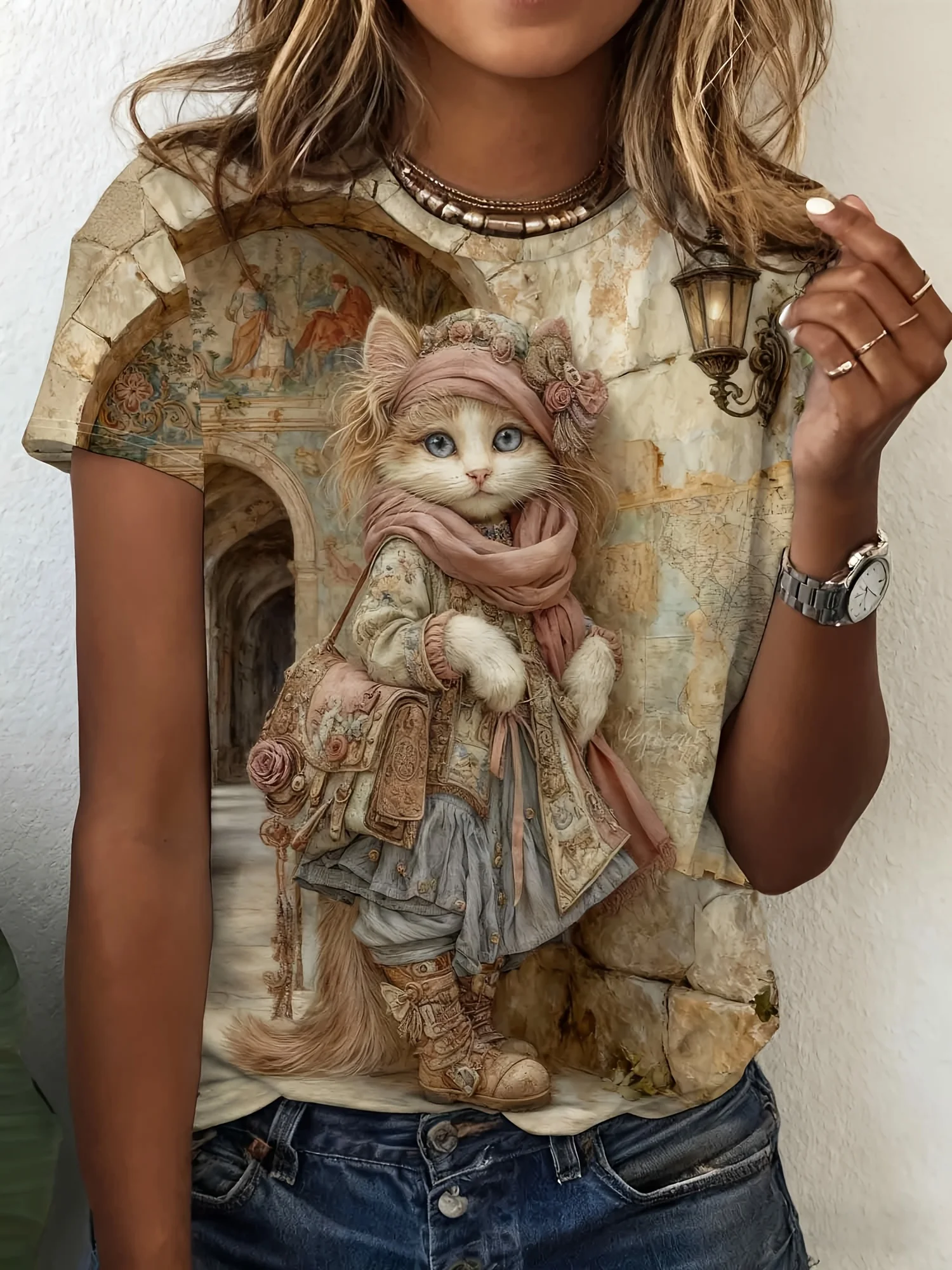 Women T‑Shirt Vintage European Dressed Cat Retro Building Background Art Print Short Sleeve Crew Neck Casual Tops
