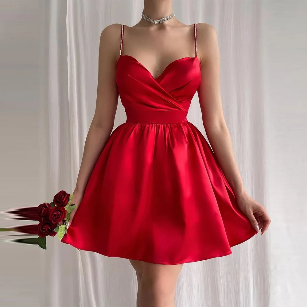 

Sexy Christmas Dresses Satin A-line Valentine's Day Dress Red Spaghetti strap Pleat Pearl Cocktail Elegant Party Mini Gown 2024