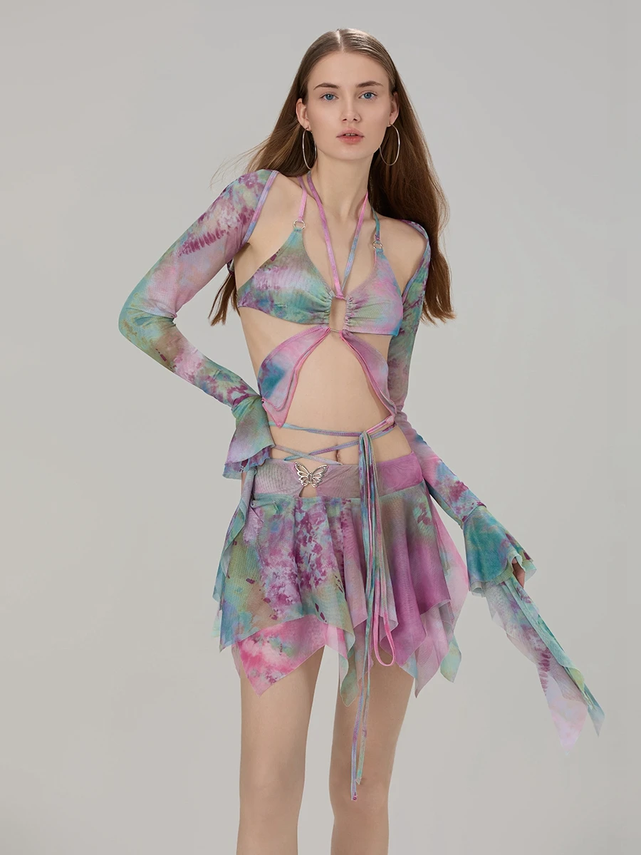 

Women Long Sleeve Shrug Tops Tie Dye Print Vest Irregular Mini Skirt Set 3 Piece Summer Outfits