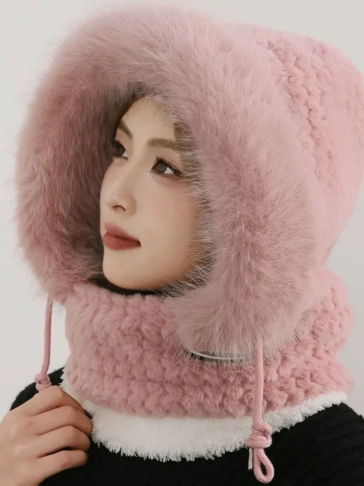 AliExpress Winter Plush Hat for Women Warm Thick Hood with Scarf Mask Ear Protection Windproof Thermal Cap for Outdoor Cycling Riding
