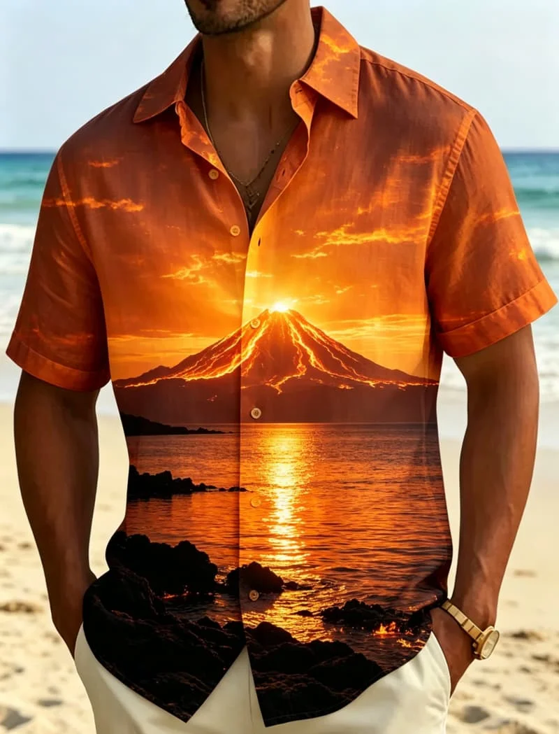 

Men's Classic Retro Natural Scenery Printed Casual shirt, Suitable For Summer vacation, Party travel, Various Daily Occasions