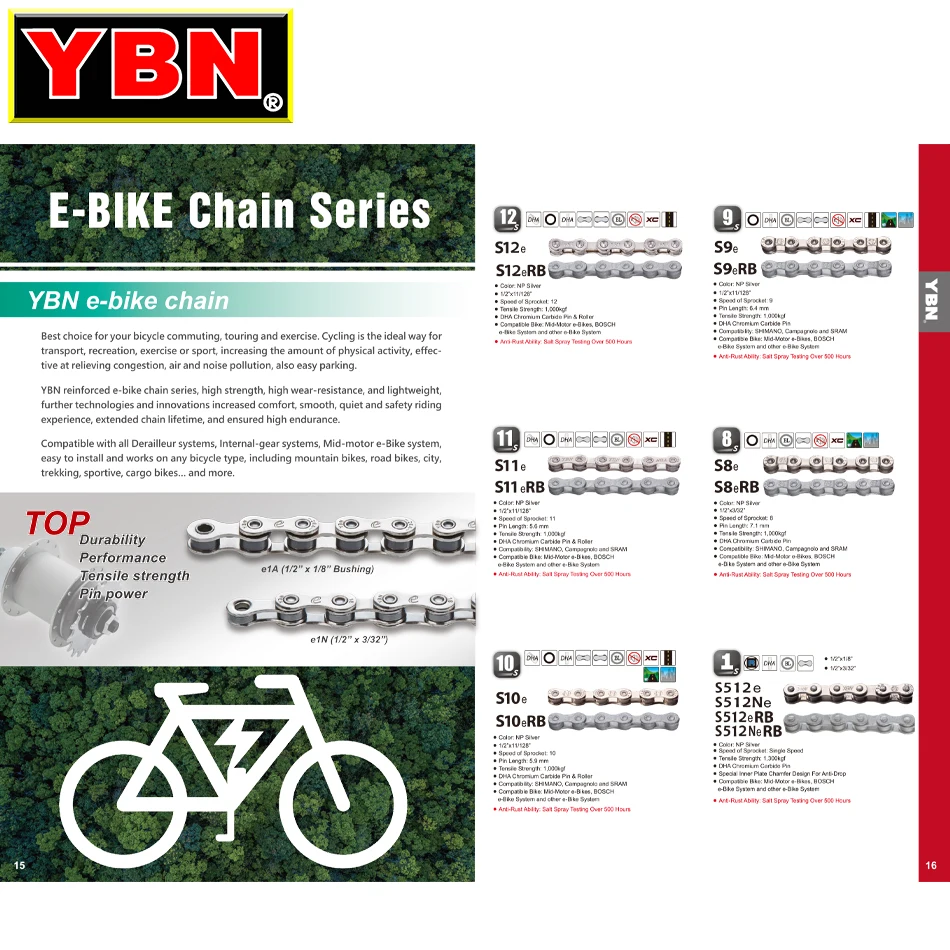 YBN E-Bike Chains 8/9/10/11/12 speed Electric bicycle chain Special design For Mid-Motor BOSCH E-Bike and SHINANO e-Bike System