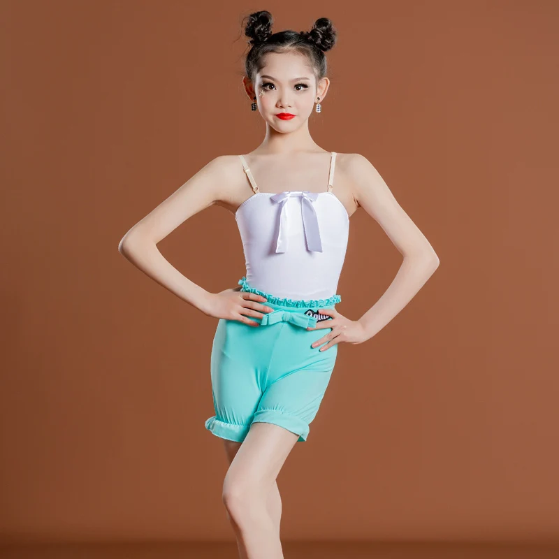 Girls Latin Dance Clothes Kids Samba Rumba Dance Practice Wear Sleeveless Bodysuit Mint Green Shorts ChaCha Dancewear DL10047