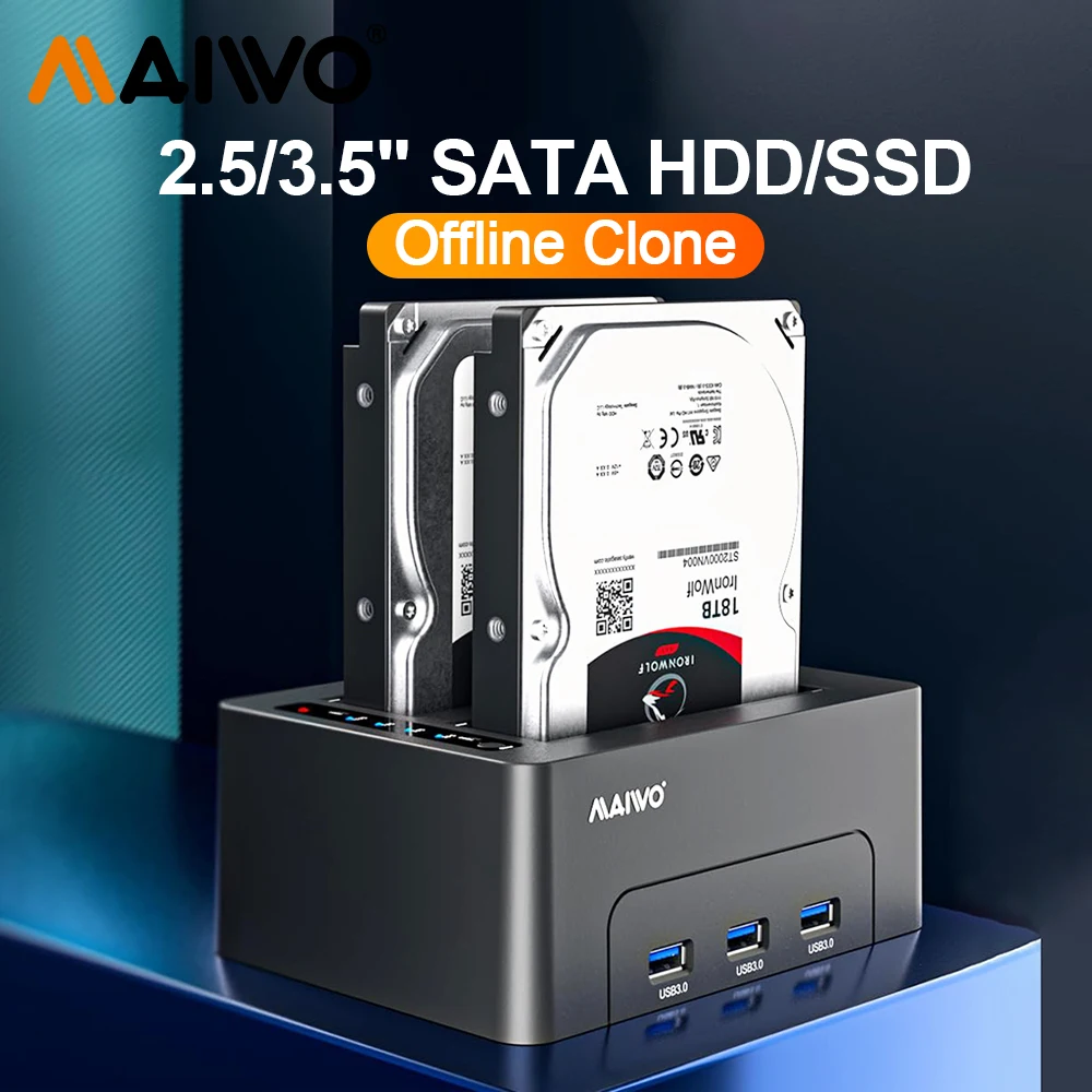 

MAIWO 2.5/3.5-inch Dual-Bay Hard Drive Expansion Dock with Offline Cloning, Suitable for USB 3.0 SATA HDD Supports HUB Expansion