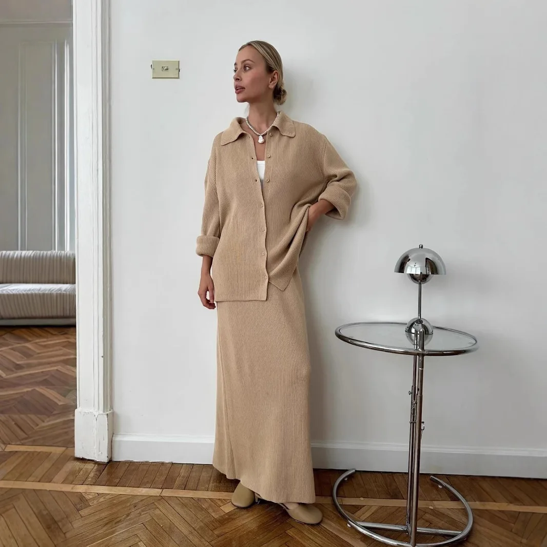 

Spring Autumn Knit Cardigan Skirt Set Women's Solid Color Simplicity Polo Collar Loose Casual 2-Piece Sweater Sets Women Outifit