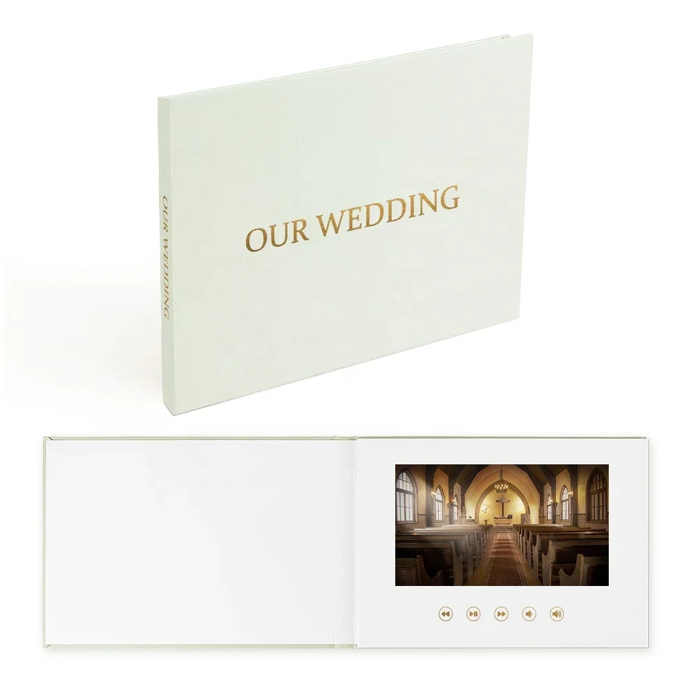 

OUR WEDDING GOLD FOIL wedding video book with 7 inch IPS Display Linen Bound and Rechargeable Battery Video Album