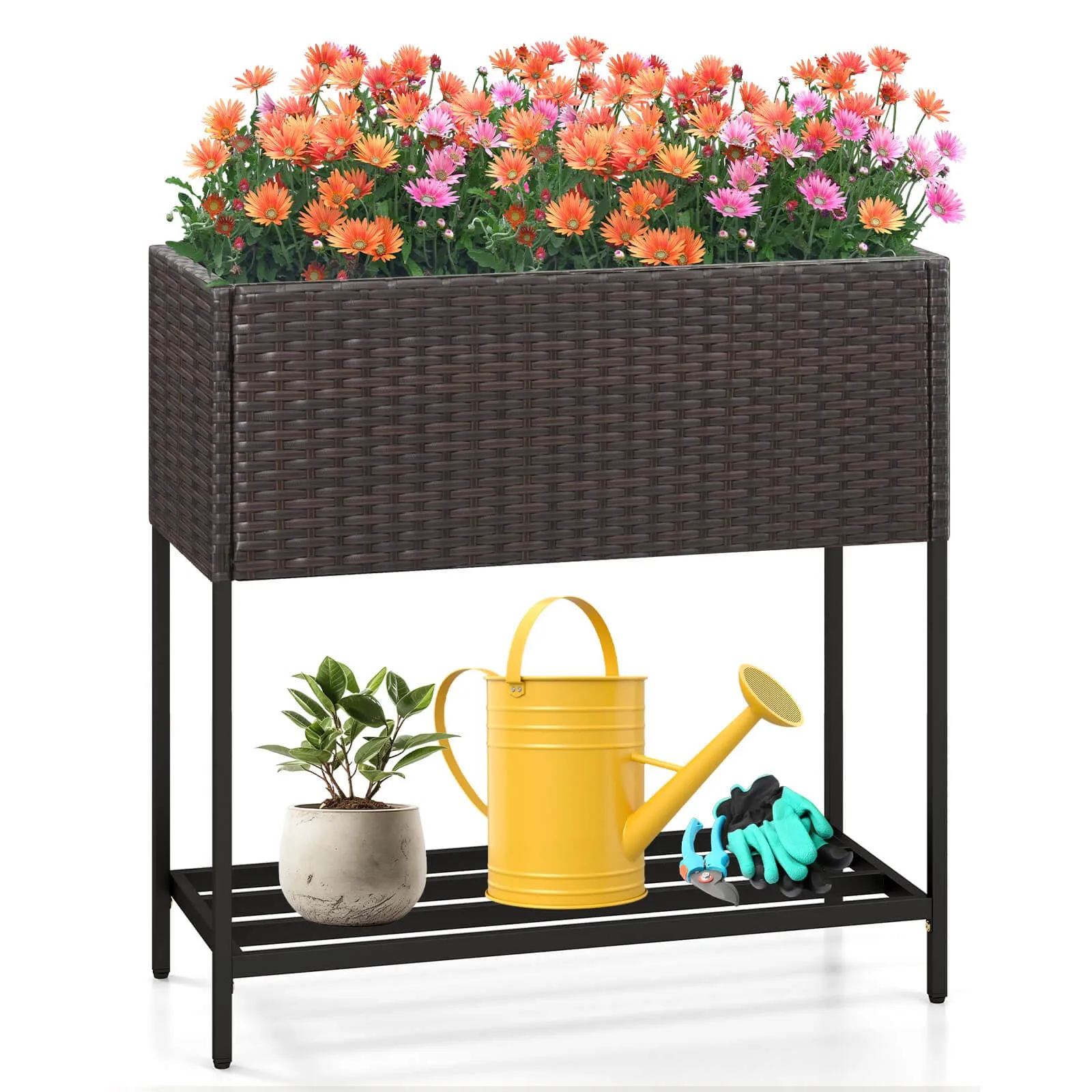 

Elevated Planter Box Raised Garden Bed w/ Rattan Surface Bottom Storage Shelf