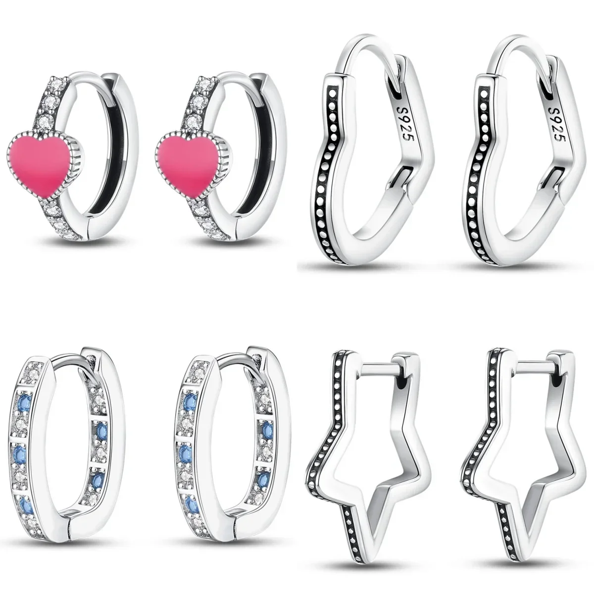 

S925 Sterling Silver Hoop Earrings – 4 Pairs with Heart/Wave/Star/Blue CZ Designs, Hypoallergenic Stackable Jewelry for Women