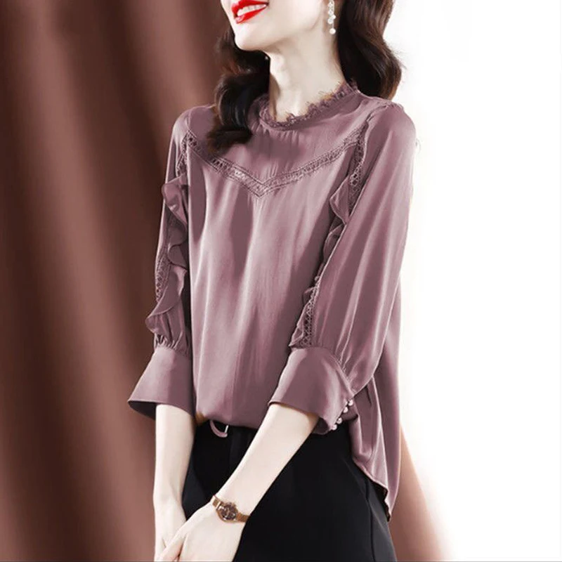 High Quality Elegant Fashion Chic Lace Hollow Ruffle Office Lady Chiffon Shirt Women Korean Solid Loose Blouse Top Blusas Mujer