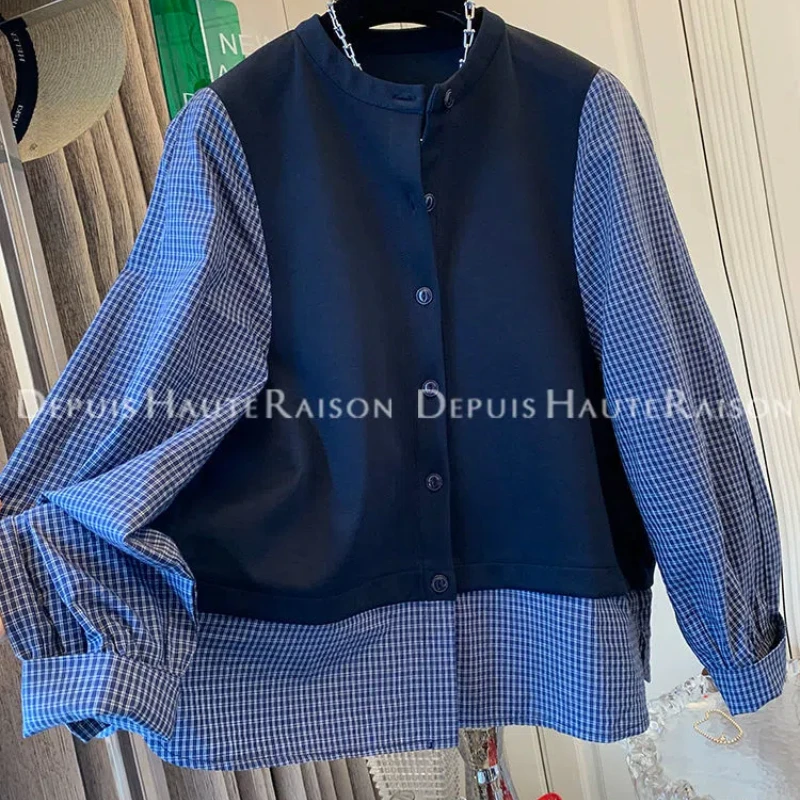 Extra Large Size 300 Pounds Unique Plaid Splicing Sweatshirt Fake Two Piece Shirt Coat Fat M Loose Top for Women