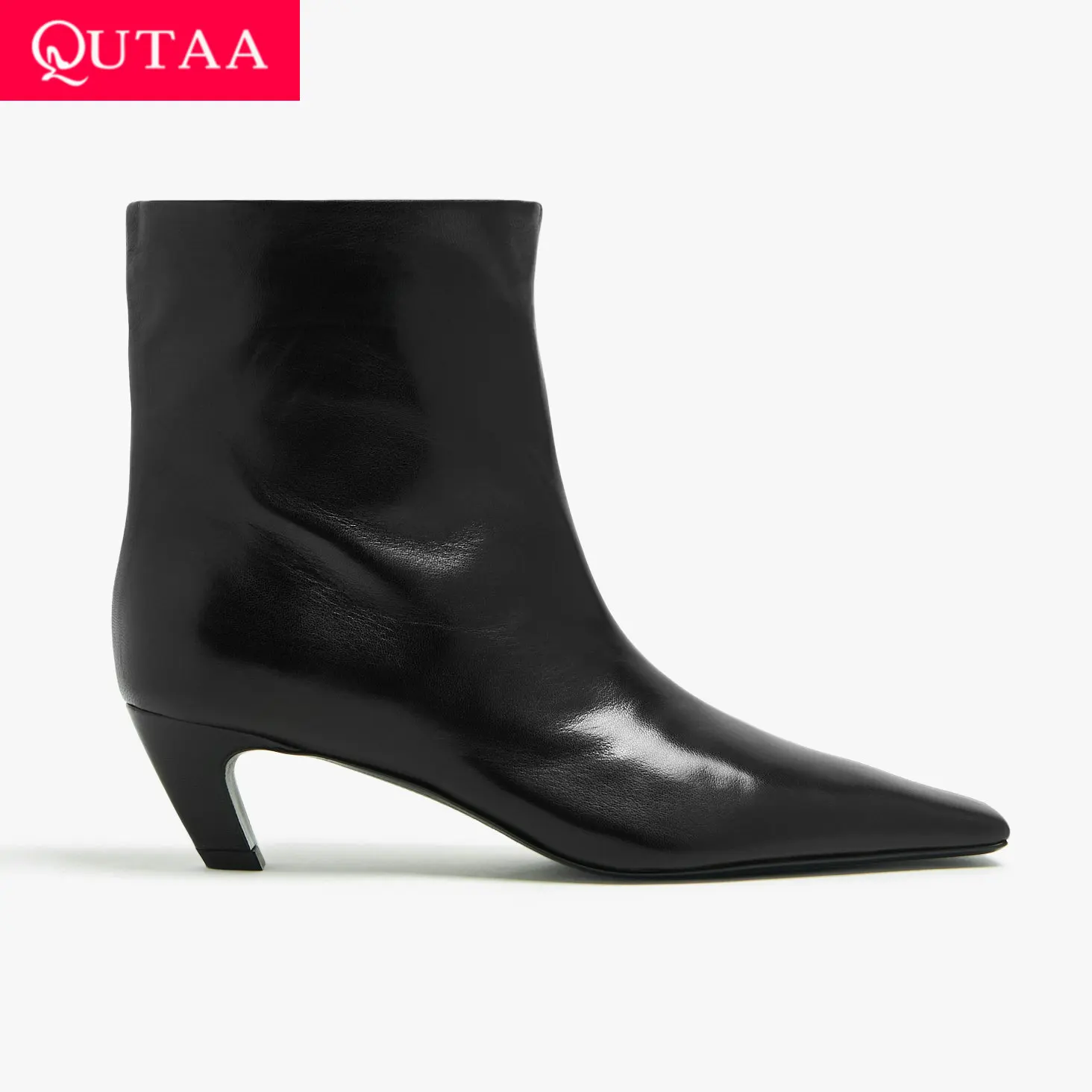 QUTAA موضة النساء حذاء من الجلد موضة كعب مخروطي عالية الكعب جلد طبيعي ساحة تو الخريف الشتاء الأحذية حجم 34-39