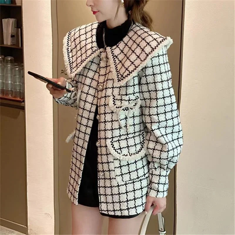 Women's Woolen Cloth Coat Autumn Winter 2024 Fashion Navy Collar Plaid Short Jacket Top Korean Streetwear Loose Outerwear Female