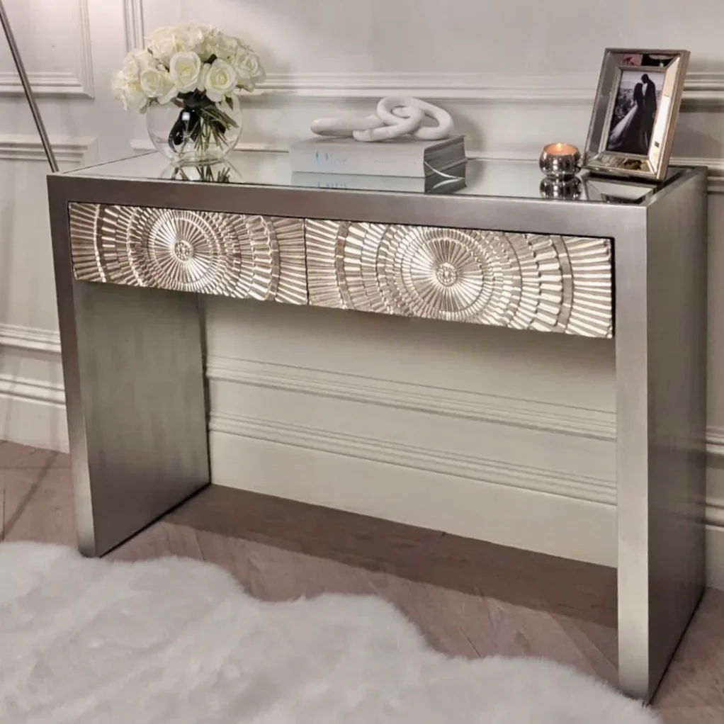 Luxurious 2-Drawer Glass Top Console Table Eye-Catching Wood Furniture for Living Room Bedroom Hall Hotel Villa Home