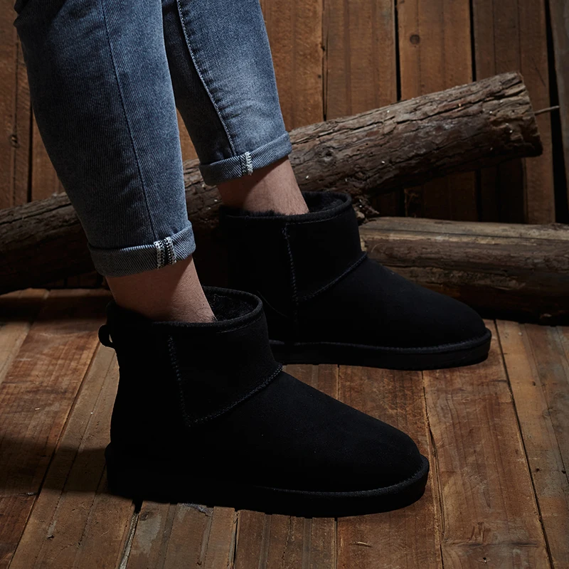 KZZO Size 37-48 Australia Classic Real Sheepskin Suede Leather Men Sheep Wool Fur Lined Winter Short Ankle Snow Boots Grey Shoes