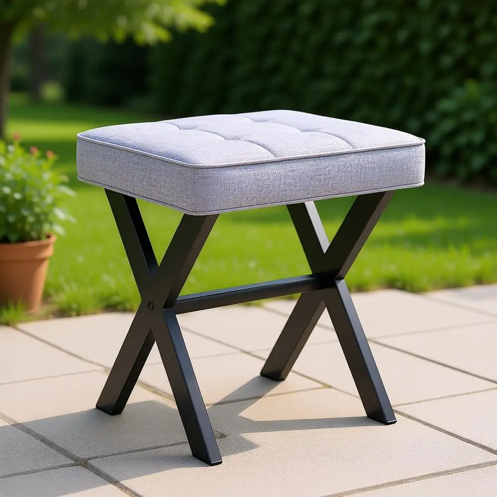 

Квадратный льняной табурет для макияжа с металлической X-образной рамой, маленький пуфик для макияжной комнаты, гостиной, ванной комнаты - с мягким сиденьем, серый