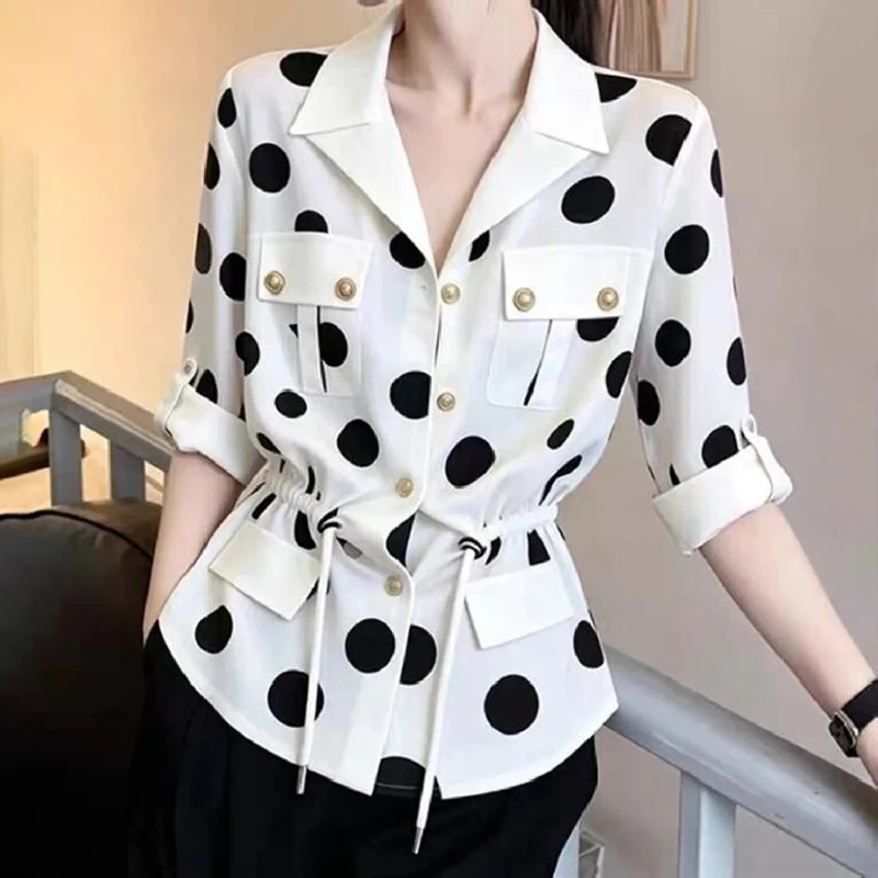 French Polka Pot Blouse V Neck Button Drawstring Waist Slim Fitting Top 2026 Spring Fall Commute Office Elegant Women's Shirt