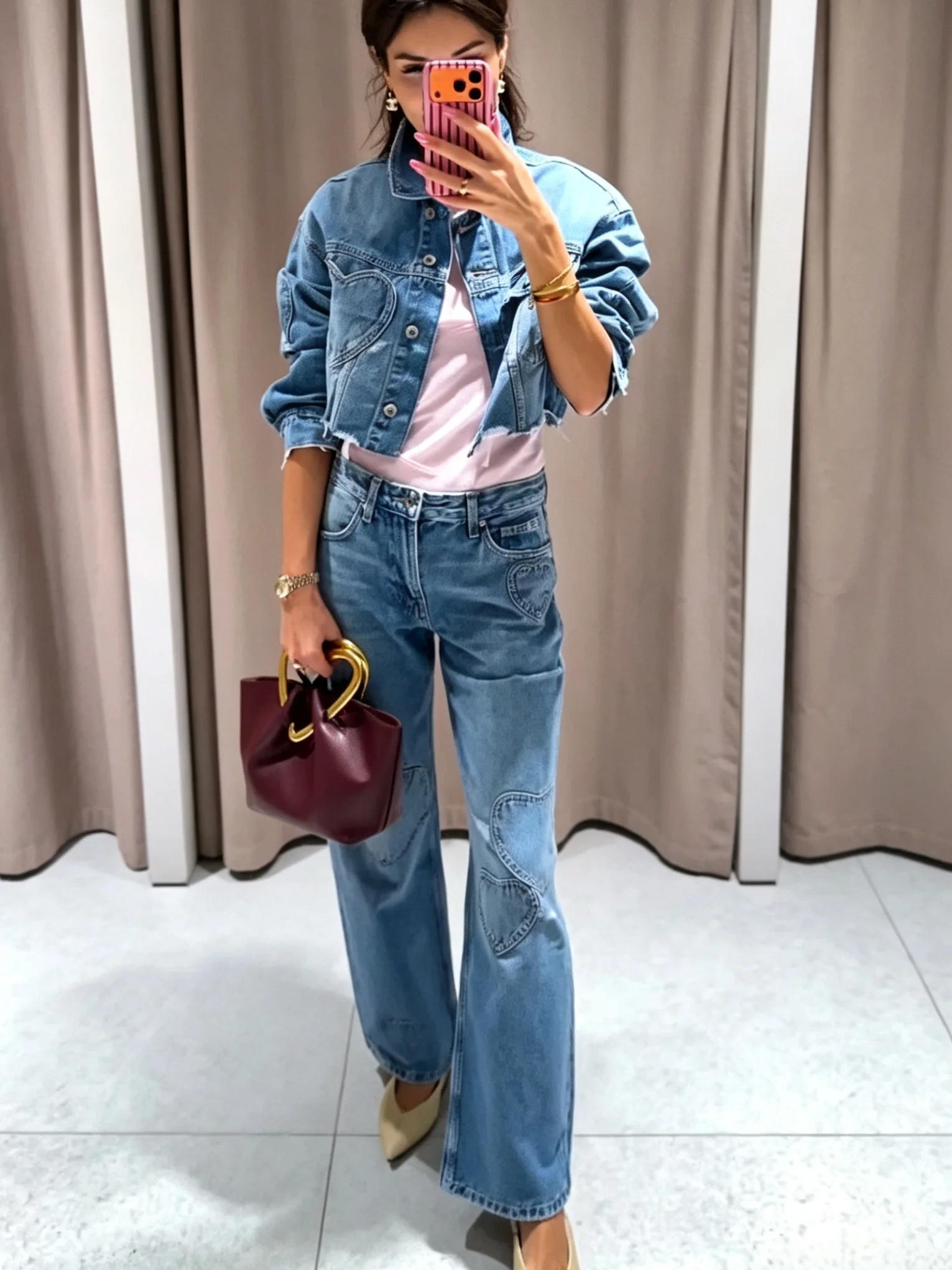 

High Waist Heart Shaped Hole Casual Versatile Straight Leg Denim Jeans Spring New Arrival WMXZ Women's Premium Jeans