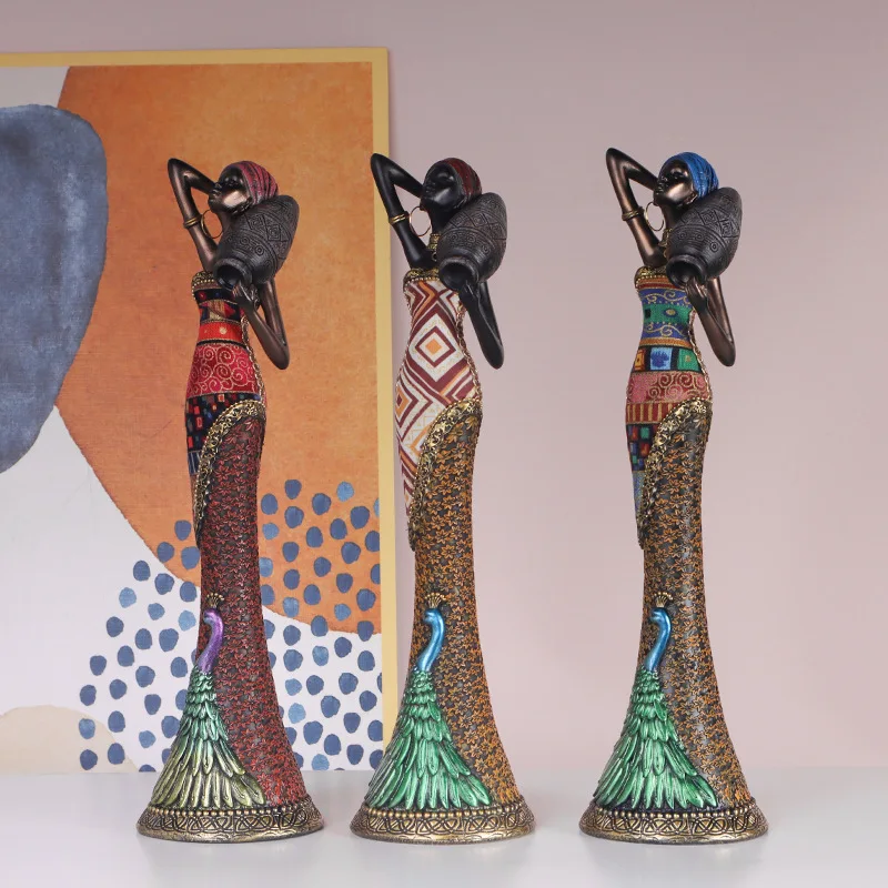 African Tribal Exotic Vintage Black Female Resin Figurine Creative Desktop Ornament Decor For Living Room Entryway Console Gift