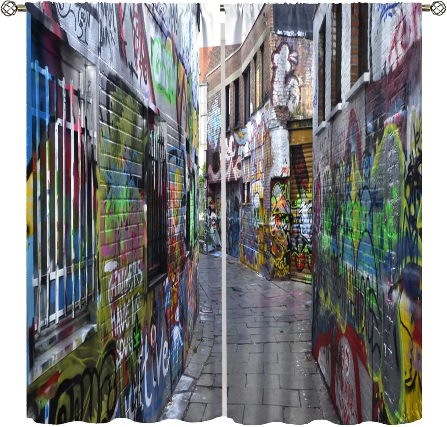 Abstract Graffiti Curtain,Watercolor Art Street Scrawl Messy Spray Paint Brick Wall Hip Hop Style Colorful Decor Window Curtain