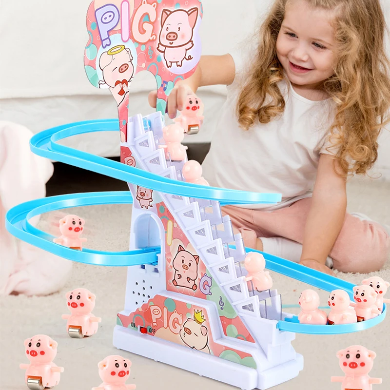 Electric Duck Climbing Stairs Slides Set with LED Flashing Lights Music Race Car Tracks Roller Coaster Kids Educational Toys