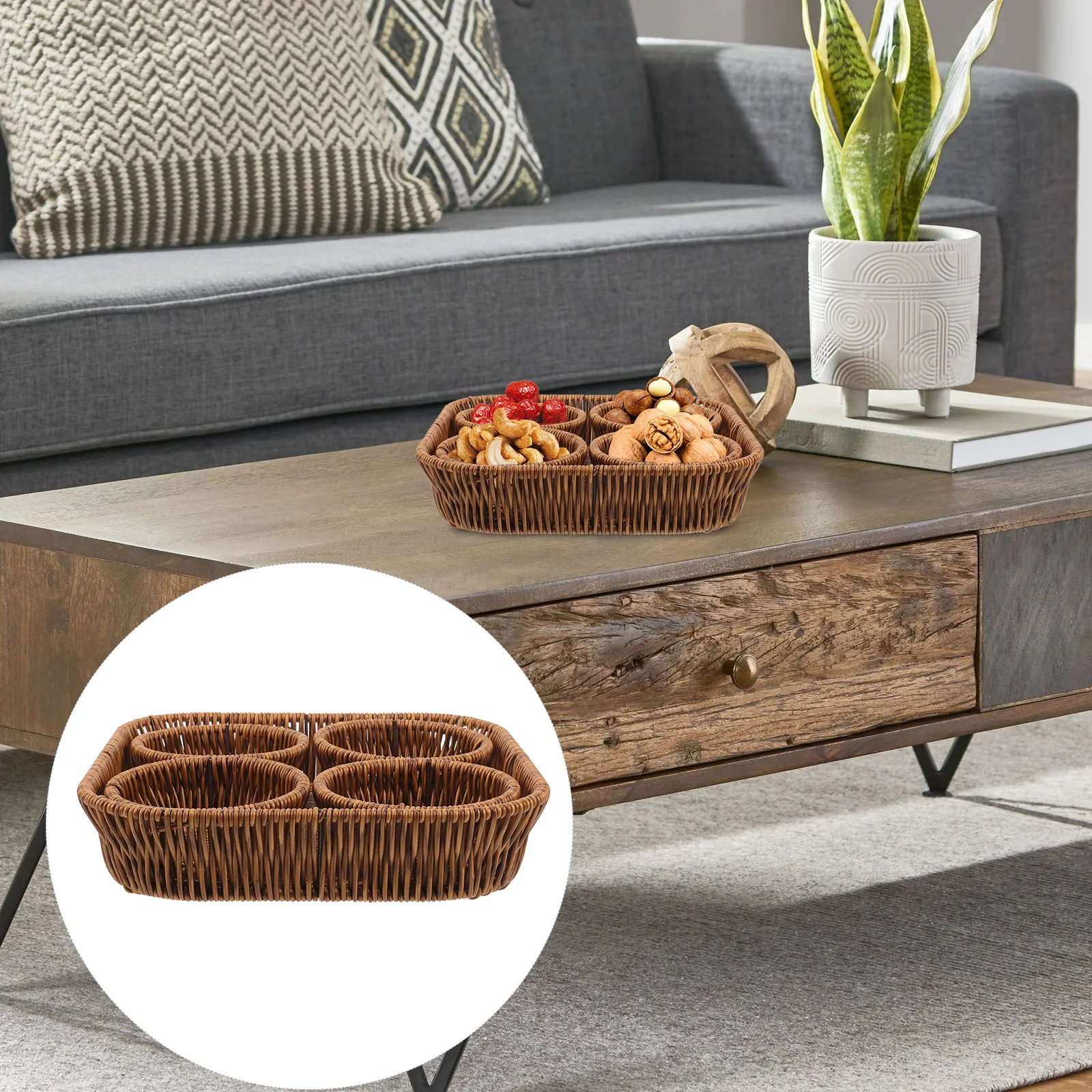 

Wicker Snack Basket Set of 5 Round Storage Baskets for Snacks Dried Fruits Living Room Dining Room Kitchen Bar Utility Practical