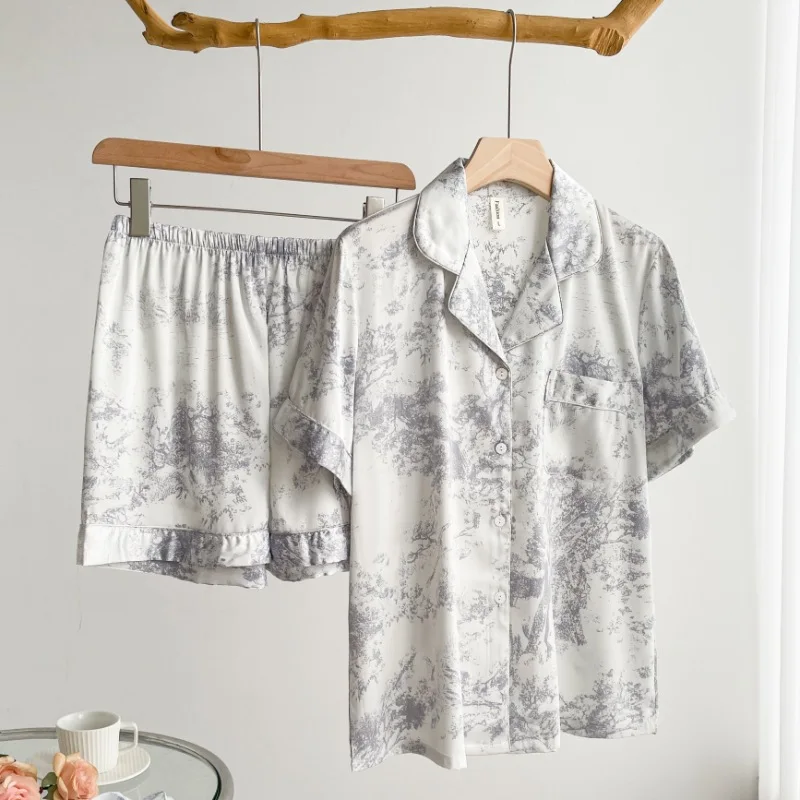 Summer Female 2PCS Pajamas Set Short Sleeve Shorts Sleepwear Gray Print Pyjama Pour Femme Loose Casual Silk Satin Home Wear