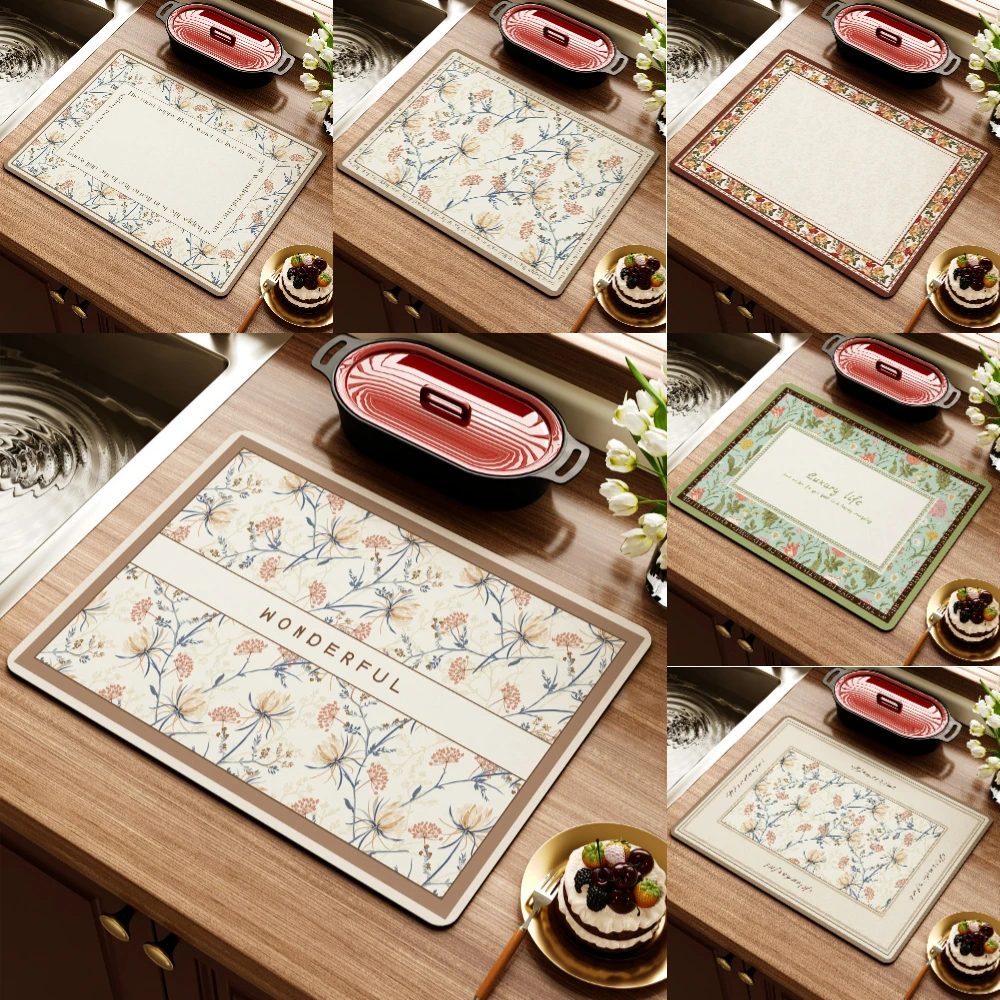 Retro Floral Print Diatom Mud Pad Kitchen Drying Mat Dish Absorbent NonSlip Dry Pad Coffee Machine Tea Cup Mat Tableware Decor