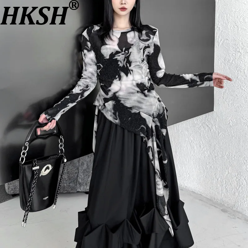 

Женская футболка HKSH: Новинка Весны, Элегантный Дизайн, Тай-дай, Асимметричная Сетка, Длинные Рукава, Облегающий Крой, Уличный Стиль, Модный Топ HK20562