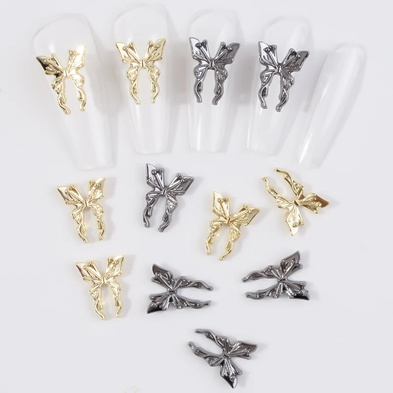 10pcs Gold/Silver Liquid Metal Butterfly Nail Charms Alloy Nail Rhinestones Butterflies Wings Jewels Nail Supplies Decoration