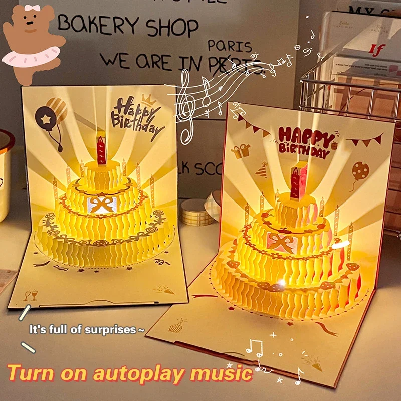 3d Musical Birthday Cake Card Led Light Pop-up Greeting Cards With Envelope For All Occasion Girl Kid Wife Postcards