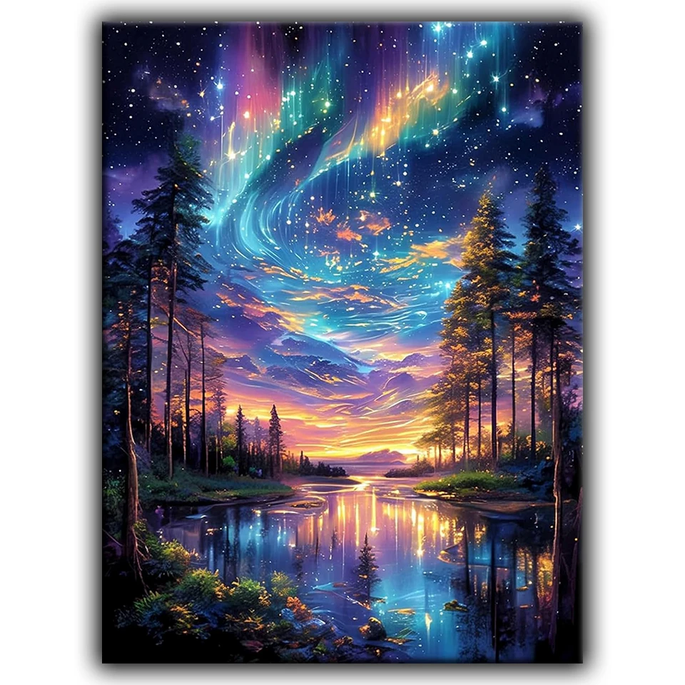 Aurora Borealis Northern Lights Canvas Painting Magical Starry Galaxy Sky Forest River Reflection Landscape Art Print Fantasy