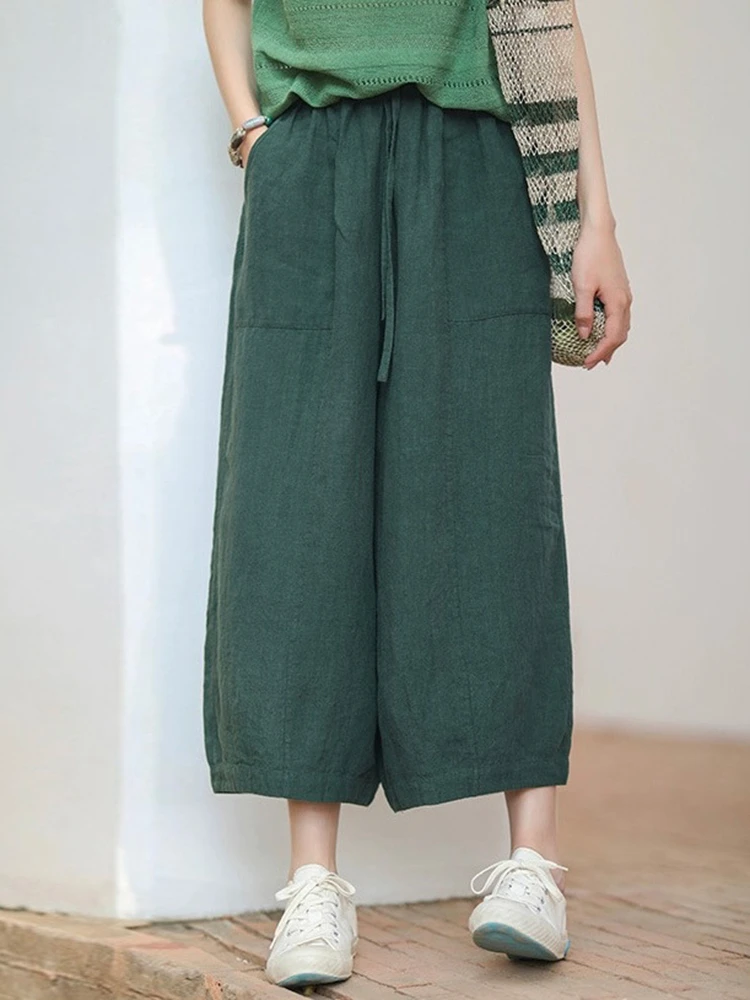 

100% Linen Women Casual Pants New Arrival 2025 Summer Vintage Style Plain Color Loose Female Calf-length Wide Leg Pants M1441