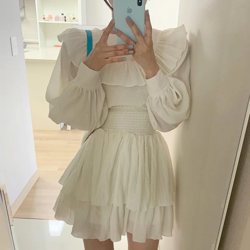 

Vintage Solid White Chic Korean Woman 2 Piece Set Women Clothing Ruffle Skirt Sets Female Shirt Top Blouse + High Waist Skirt